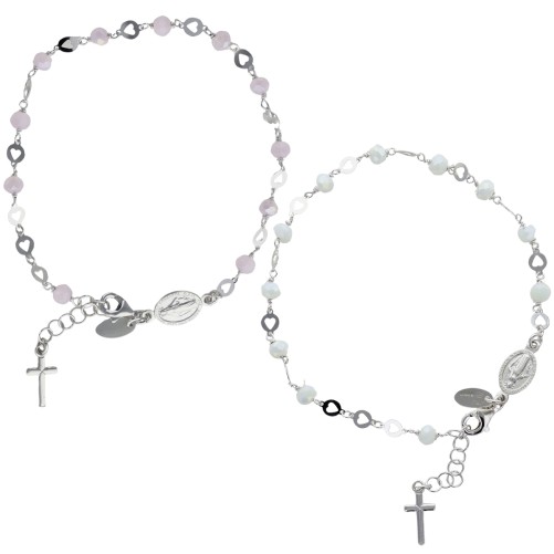Bracelet argent 925 °/°° ajustable sur chaine, grains facettes Ø 3 mm (3 g), avec medaille VM & croix + boîte. 2 teintes dispos.